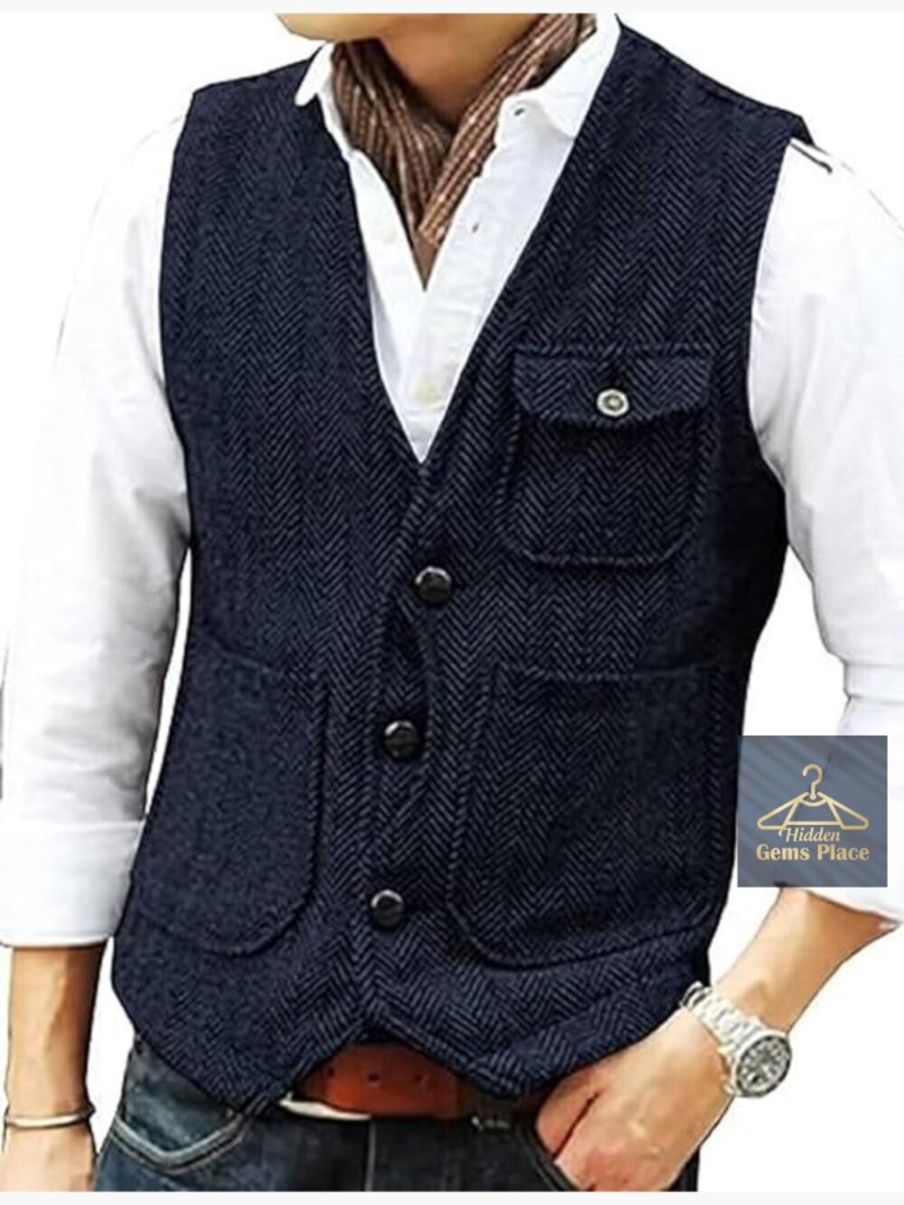 Men's Herringbone Tweed Vest V-Neck Waistcoat Slim Fit 3 Button Wedding Vest